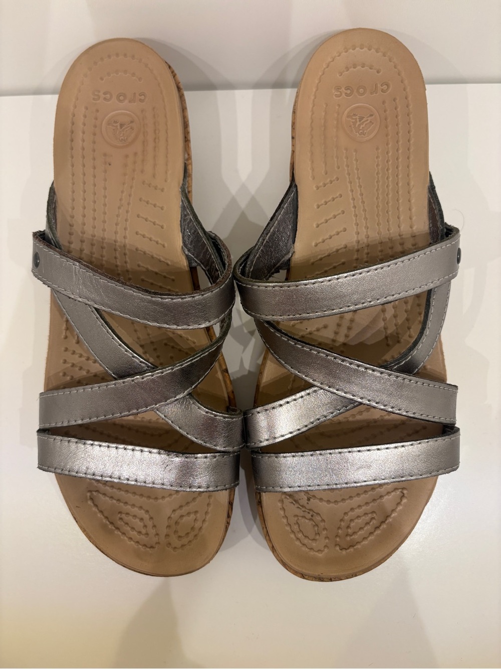 CROCS Women's Metallic Silver Cross-Strap Slide Sandals